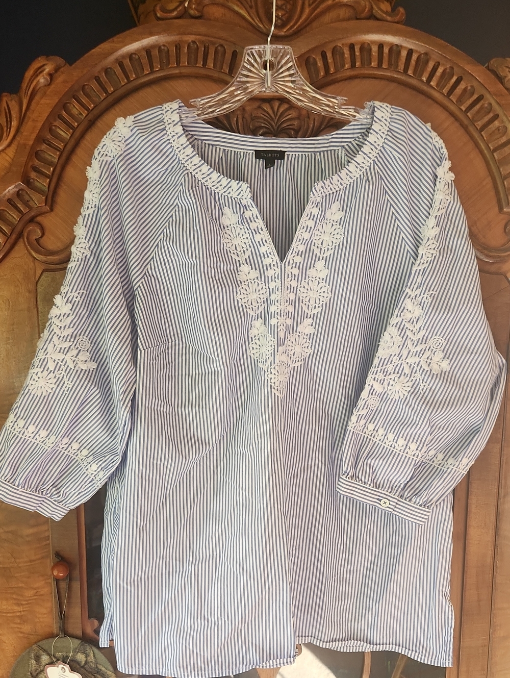 Talbots Blue & White Striped Embroidered Boho Tunic Blouse - Size Large